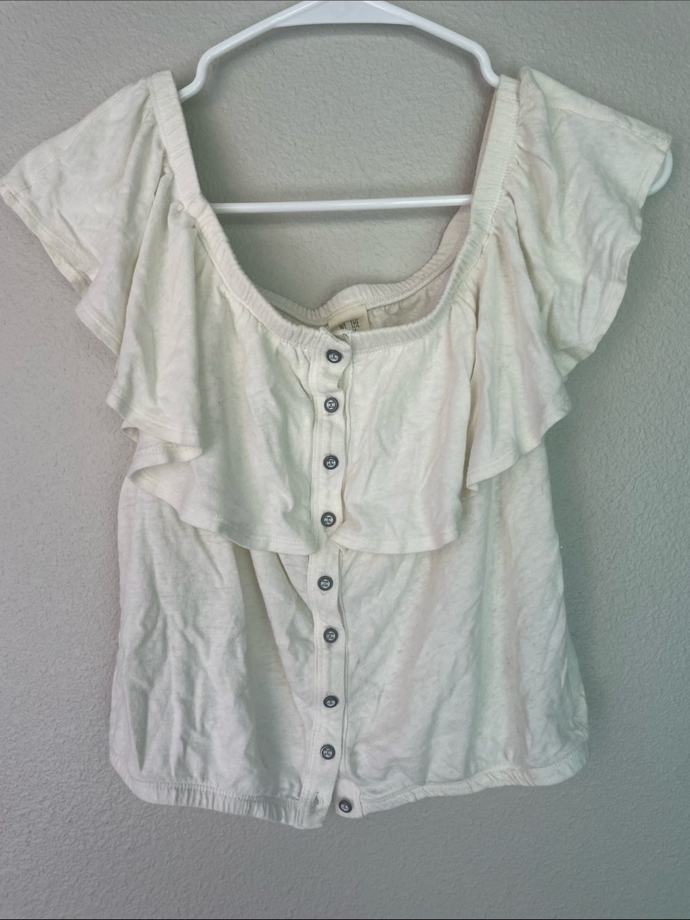 We The Free Cream Off-Shoulder Ruffle Button-Up Top